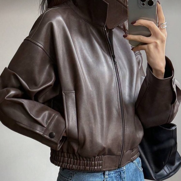 Vegan leather chocolate brown bomber jacket collared zip up vintage style - Picture 2 of 5